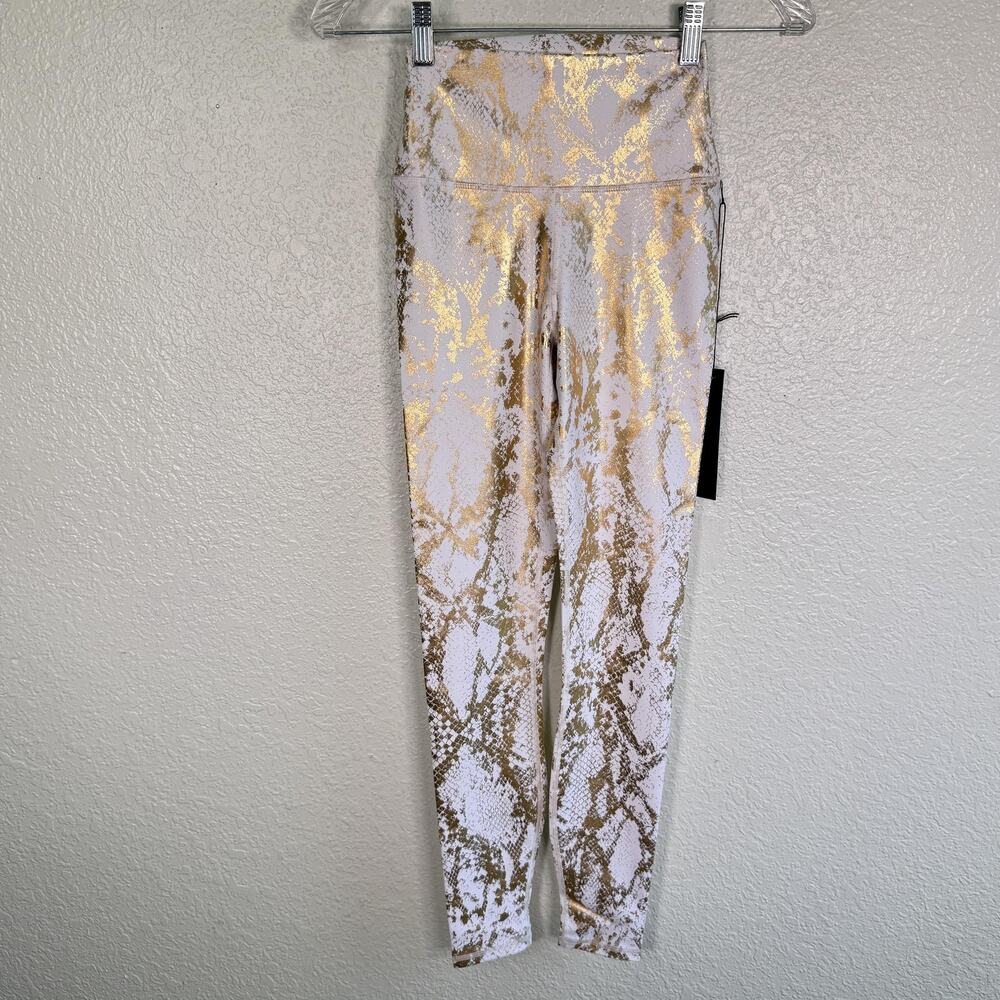 Carbon38 Leggings Womens XS Metallic Snake Print High Rise Ankle White Gold NEW